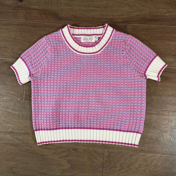 Knit Mix Sweaters - Knit‎ Mix Womens Short Sleeve Chevron Sweater Top Pink Purple White Size S